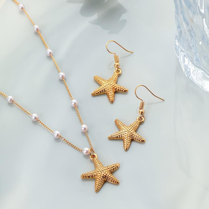 Fashion Starfish Pendant Imitation Pearl Necklace Earrings Set For Women Ocean Style Jewelry