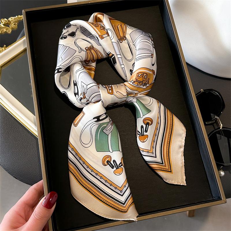 New retro French silk scarf 71cm small square scarf versatile professional scarf women's simulated silk scarf sunscreen shawl