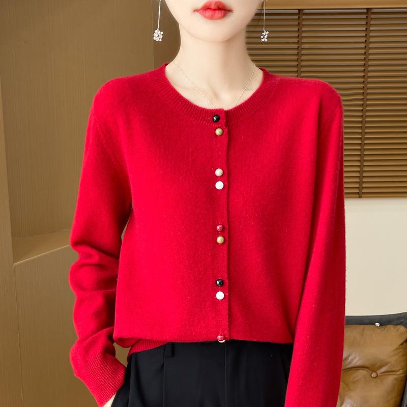 Color Buttons Soft Short Round Neck Sweater Women's Spring and Fall Knitwear