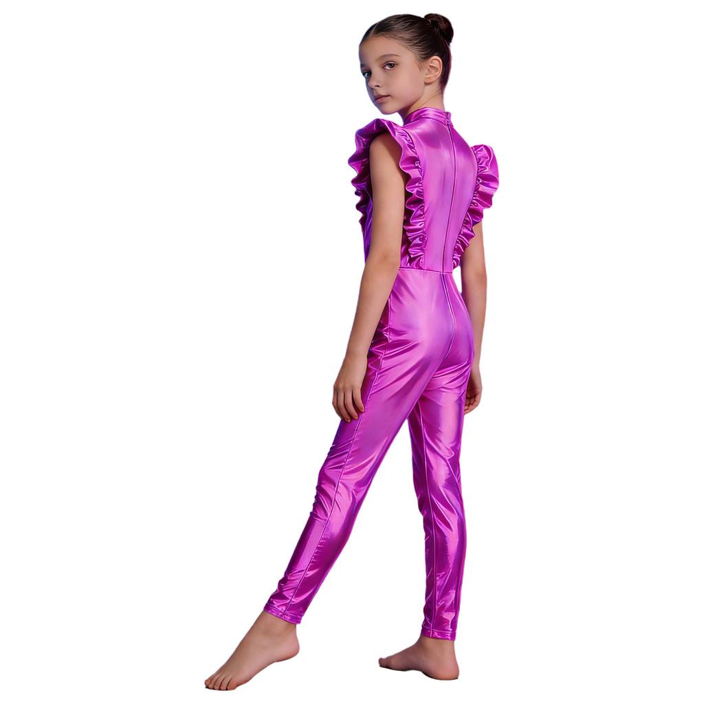 Girls Metallic Gloss Alien Cosplay Jumpsuit Ruffled Flying Sleeve Patchwork Back Invisible Zipper Leotard