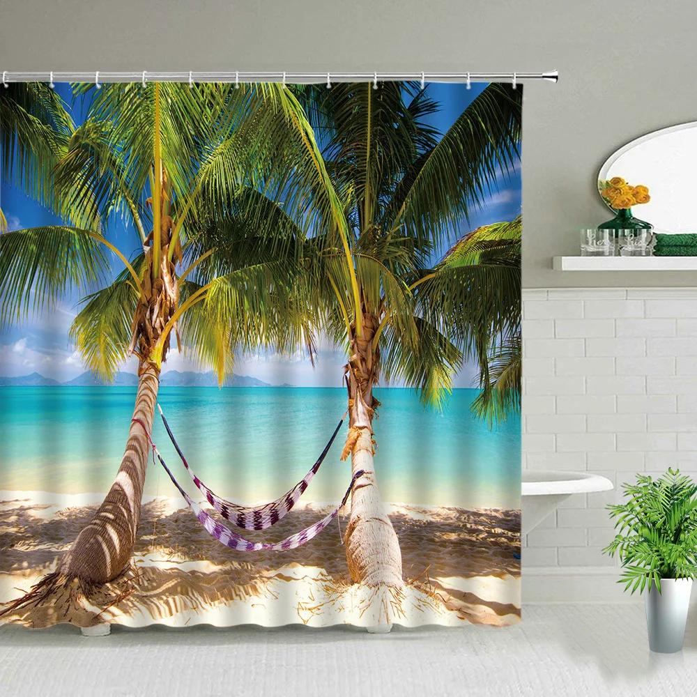 Palm Tree Ocean Scenery Shower Curtains Beach Sea Landscape Waterproof Polyester Fabric Bathroom Decor Bath Curtain with Hooks
