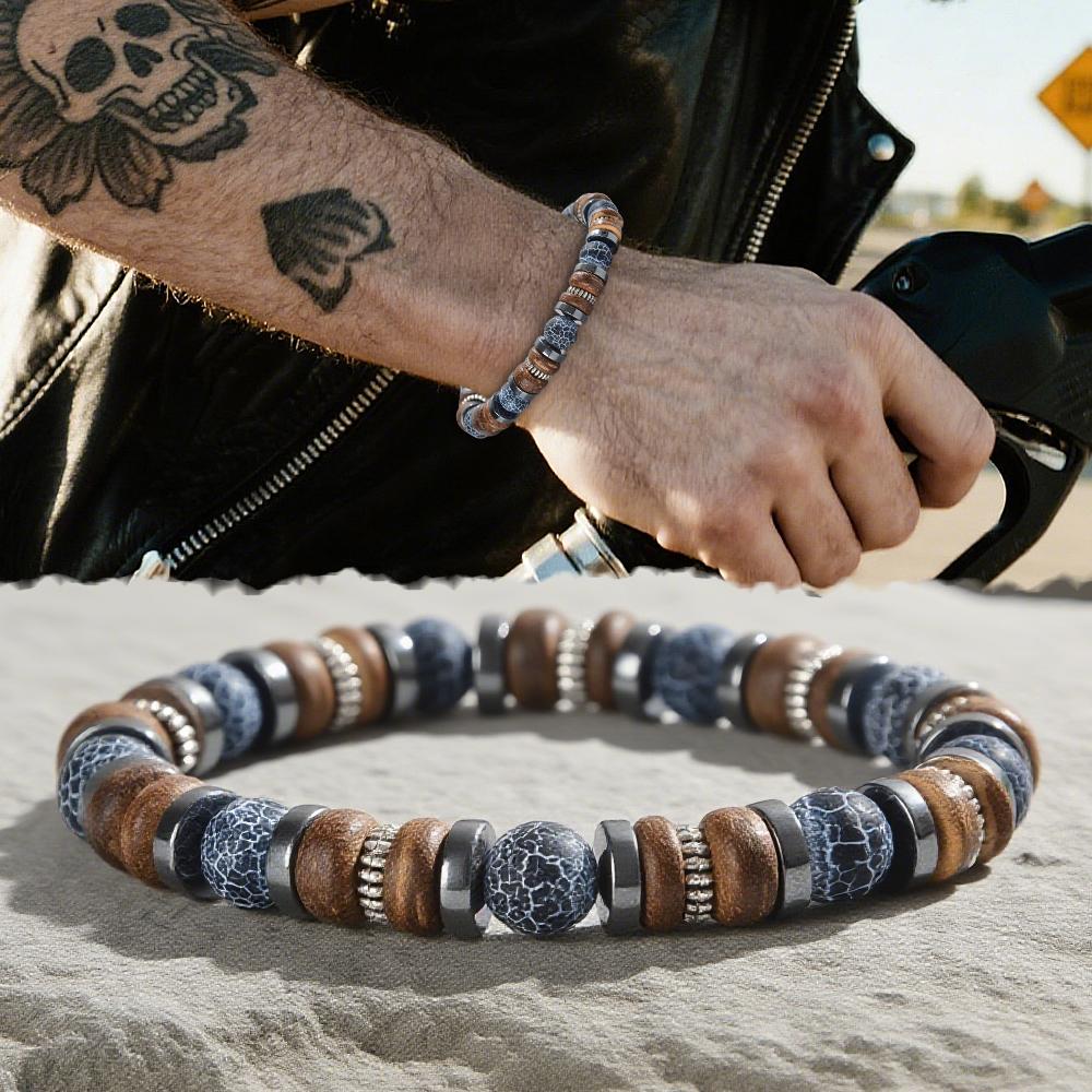 Men's Lava and Wood Bead Bracelet, Embellished with Hematite, Natural Stone Jewelry That Combines Energy,suitable for Daily Wear