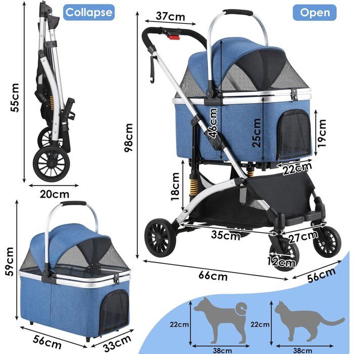 Foldable 3-in-1 Dog Cat Stroller, Pet Stroller with 360° Wheels, Storage Basket, Mesh Window, Cup Holder