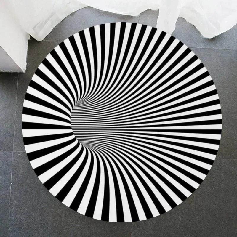 Crystal Velvet Psychedelic Round Rug,Black  White Geometric Illusion Print Non Slip Floor Mat for Living Room,Coffee Table,Decor