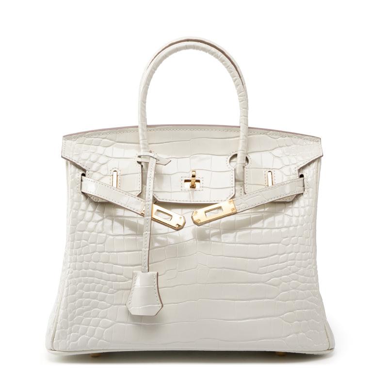 Borsa in pelle di vacchetta di primo strato con motivo coccodrillo bianco, borsa a tracolla di alta gamma, borsa a mano da donna grande in pelle per pendolari
