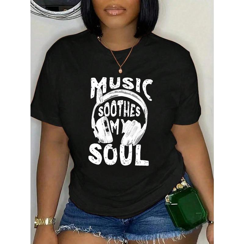 

European Size Women s Music Heals My Soul Graphic T-Shirt - Light Blue Music Lover Tee with Headphone & Soundwave Design,Casual Crew Neck Short Sleeve 4XL чорний