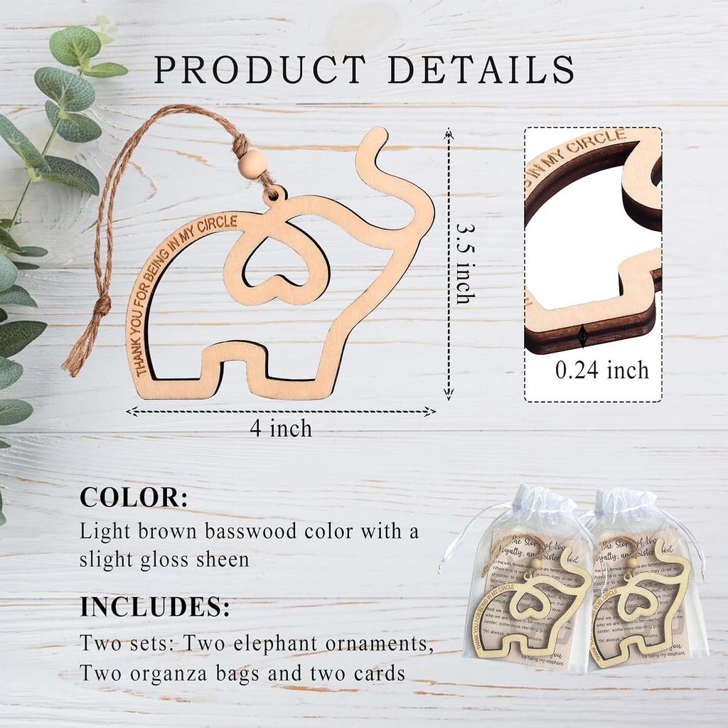 2-Pack Sisterhood Elephant Ornament – Elephant Gifts for Women, Friendship Ornament, Wooden Elephant Decor, Elephant Ornament for Women Tribe with