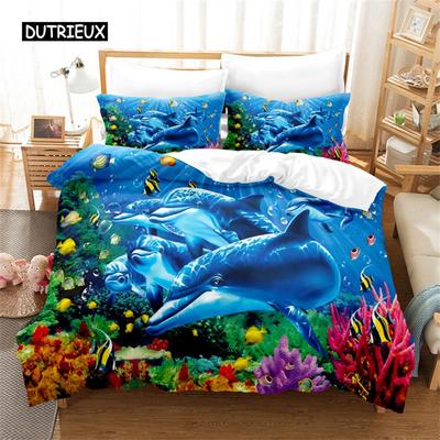 Ensemble de Literie Design Dauphin Bleu Housse de Couette Ensemble de Literie 3d Impression Numérique Linge de Lit Taille Queen Ensemble de Literie Design de Mode