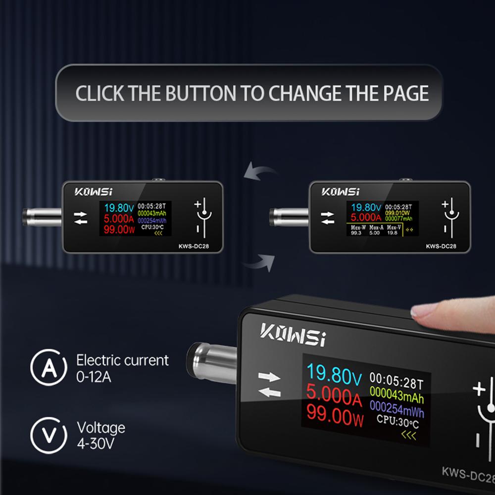 KWS-DC28 Voltmeter, Amperemeter und Leistungsmesser DC 4–30V, 0–12A 0,96-Zoll TFT HD-Display Handy-Ladetester