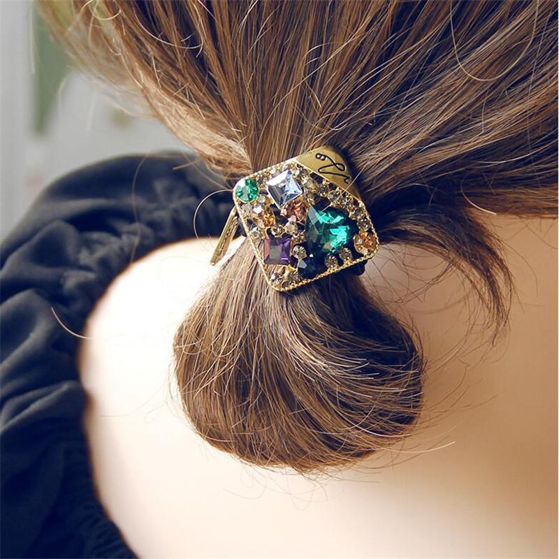 Vintage Elegant Crystal Hollow Metal Hair Rope Scrunchies Women Girls Elastic Tie Hair Rubber Bands Holder Accessories Headdress