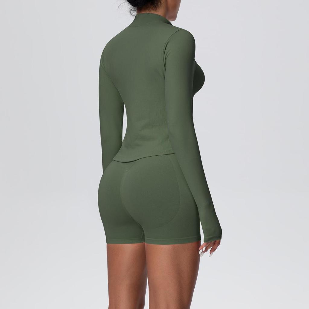 Women's European & American Sports Casual Three-Piece Set: Knitted Long Sleeve Zipper Jacket, Sports Vest, & Shorts Fitness Wear.
