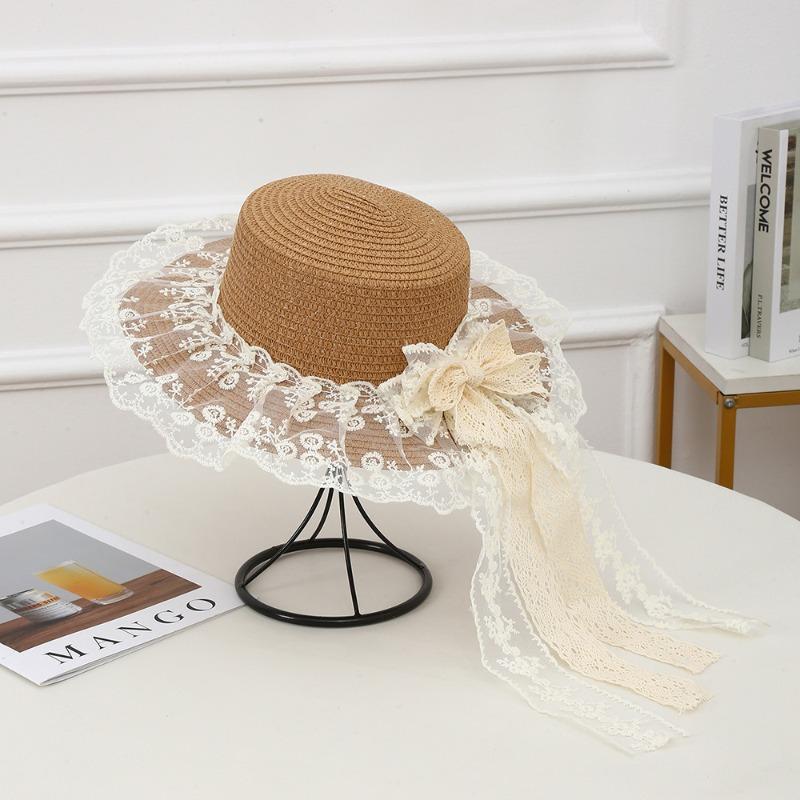 Summer Bow Sun Hat Female, Seaside Beach Vacation Sun Hat Outdoor Big Brim Sun Hat Sweet Straw Hat