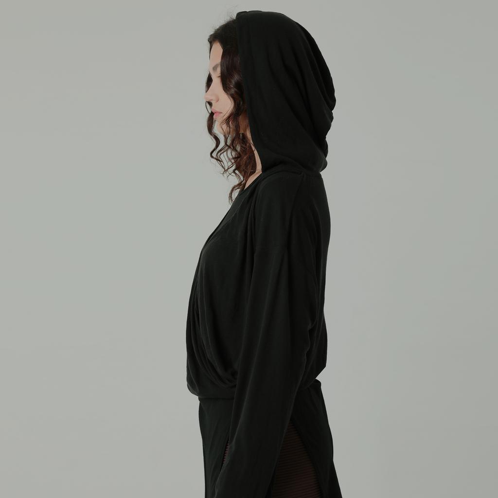 Wool Tencel Hoodie Wrap Cardigan Light Black