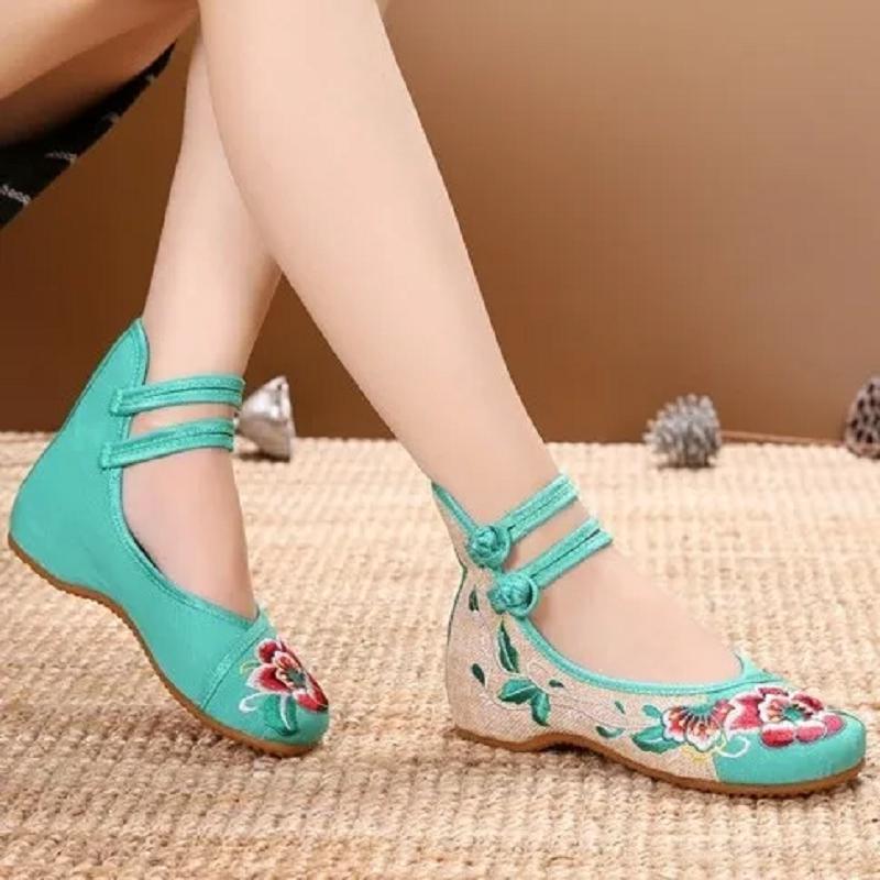 Women Fashion Sweet Red Embroidery Buckle Strap Flat Shoes Lady Casual Anti Skid Blue Comfort Floral Flat Shoes Ab652