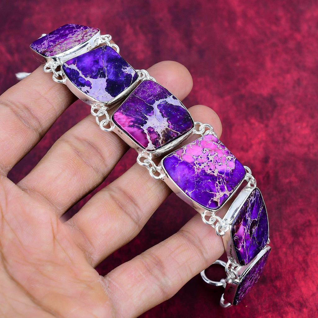 Purple Sea Sediment 925 Solid Sterling Silver Bracelet with Adjustable Chain, Handmade Gemstone Designer Jewelry Bracelet