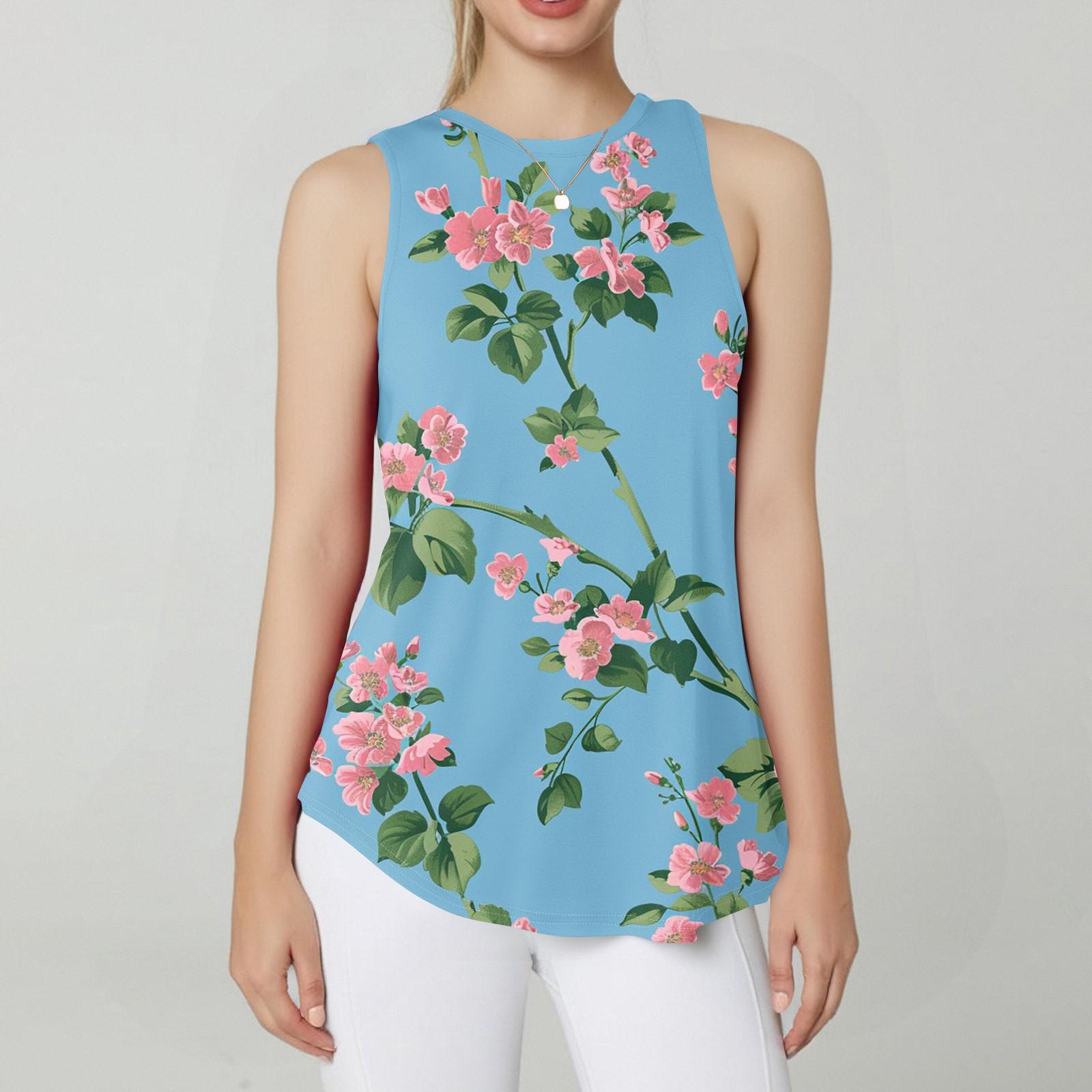 

Женская круглая горловина с ретро-цветочным принтом жилет универсальный свободный подол без рукавов футболка топ L синий