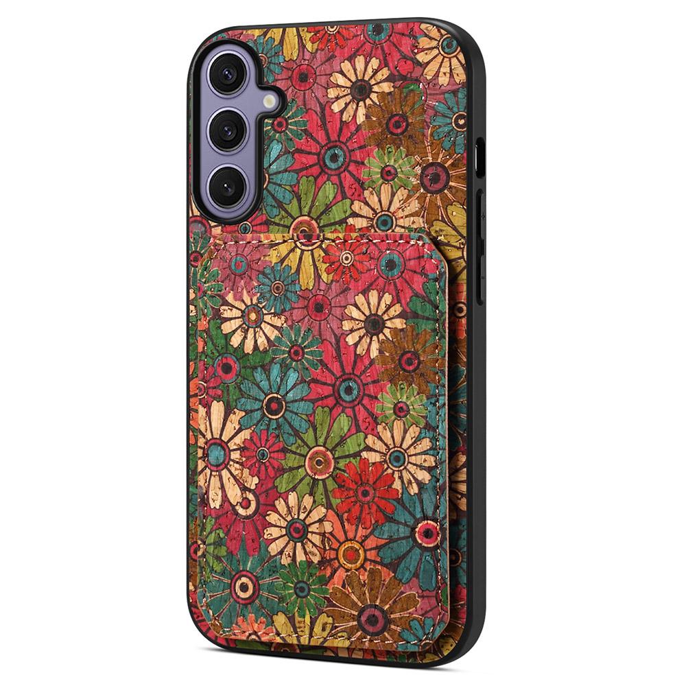 

For Samsung Galaxy S25+ Case with Card Holder Kickstand Flowers Design Leather Phone Cover Spring/Green