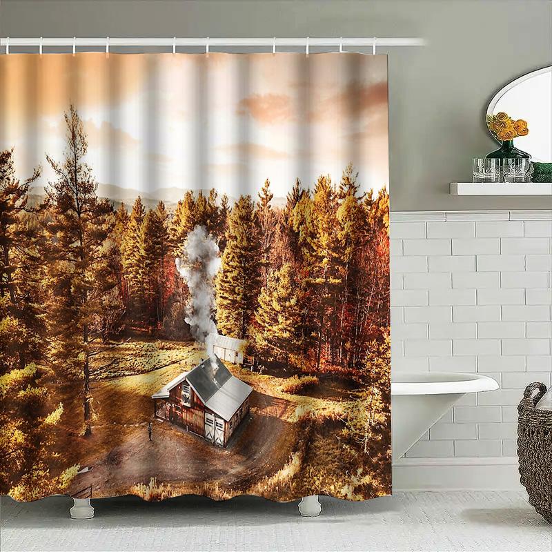 Rustic Cabin Forest Landscape Shower Curtain Vintage Woodland Home Decor Nature Scenic Bathroom Set Artistic Wall Hanging