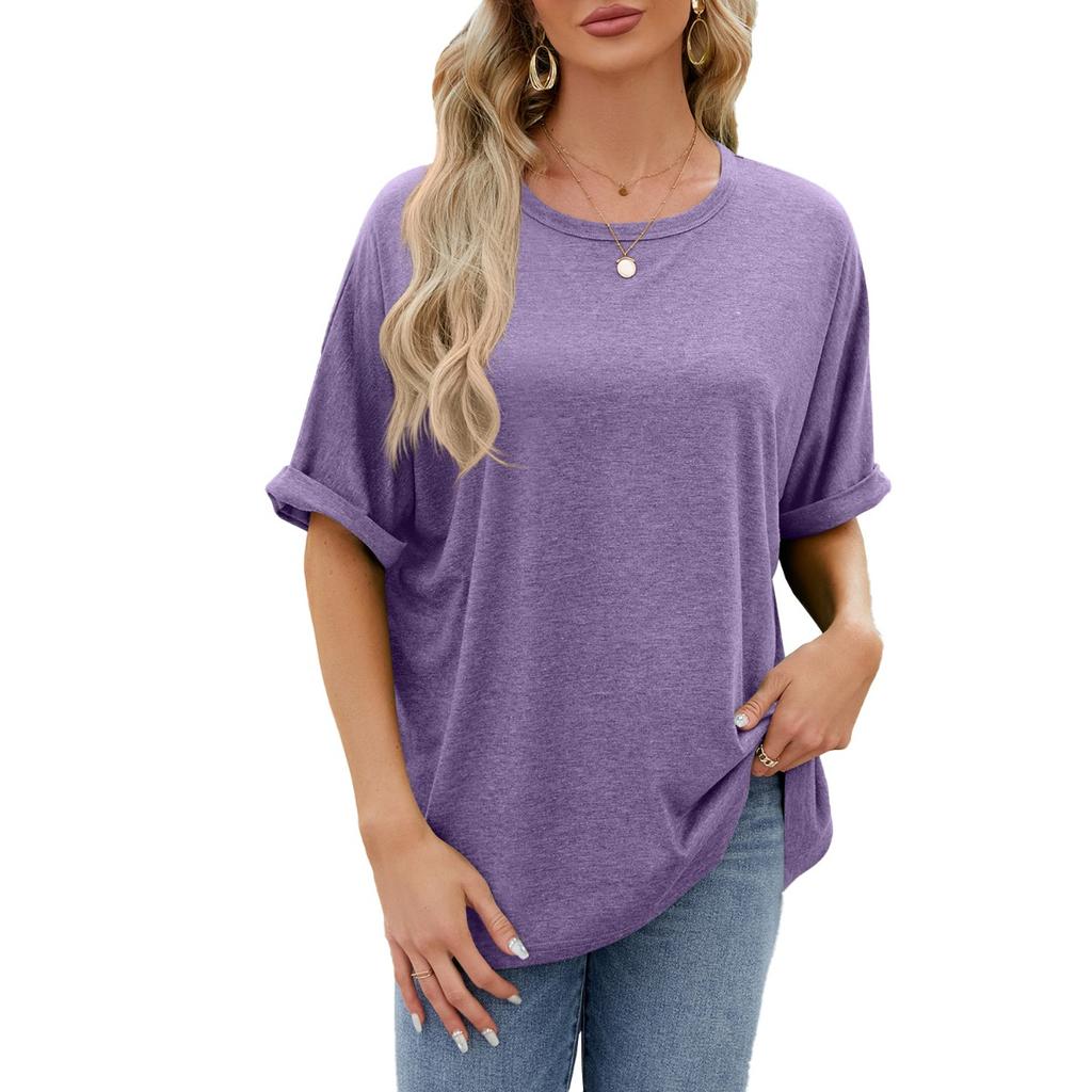 Spring Summer New Women's Solid Color Crew Neck Loose Short Sleeve T-shirt Top