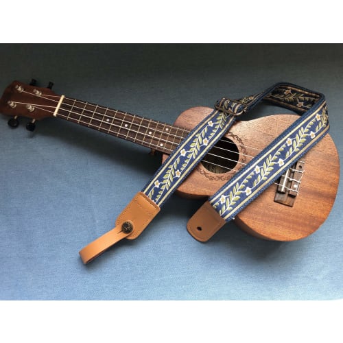 MUSIC FIRST Original Design Vintage Blue "Jasmine" Soft Mesh Belt & Genuine Leather Ukulele Strap, Ukulele Shoulder Strap with One Branded Strap Locke