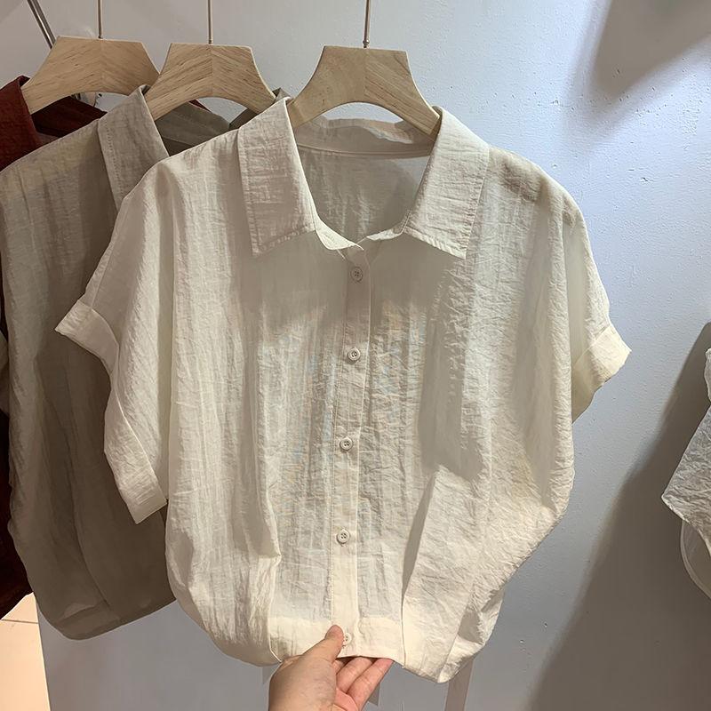 Loose Short Sleeve Shirt Women's Roll Up Sleeve Design Summer New Style Anti-Aging Fashionable Top Small Audience Design