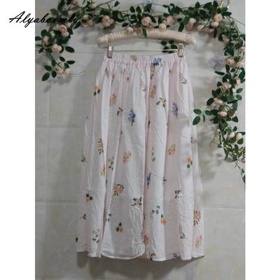Prairie Chic Frühling Sommer Damen Midi-Rock Elastischer Bund Hellrosa Blumendruck A-Linien-Rock Elegant Feminin Süße Röcke Damen