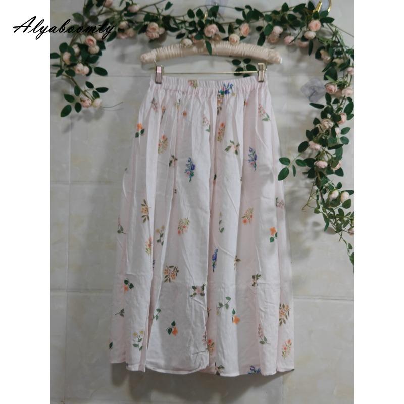 Prairie Chic Spring Summer Women Midi Skirt Elastic Waist Light Pink Floral Print A-Line Skirt Elegant Feminine Sweet Skirts Womens