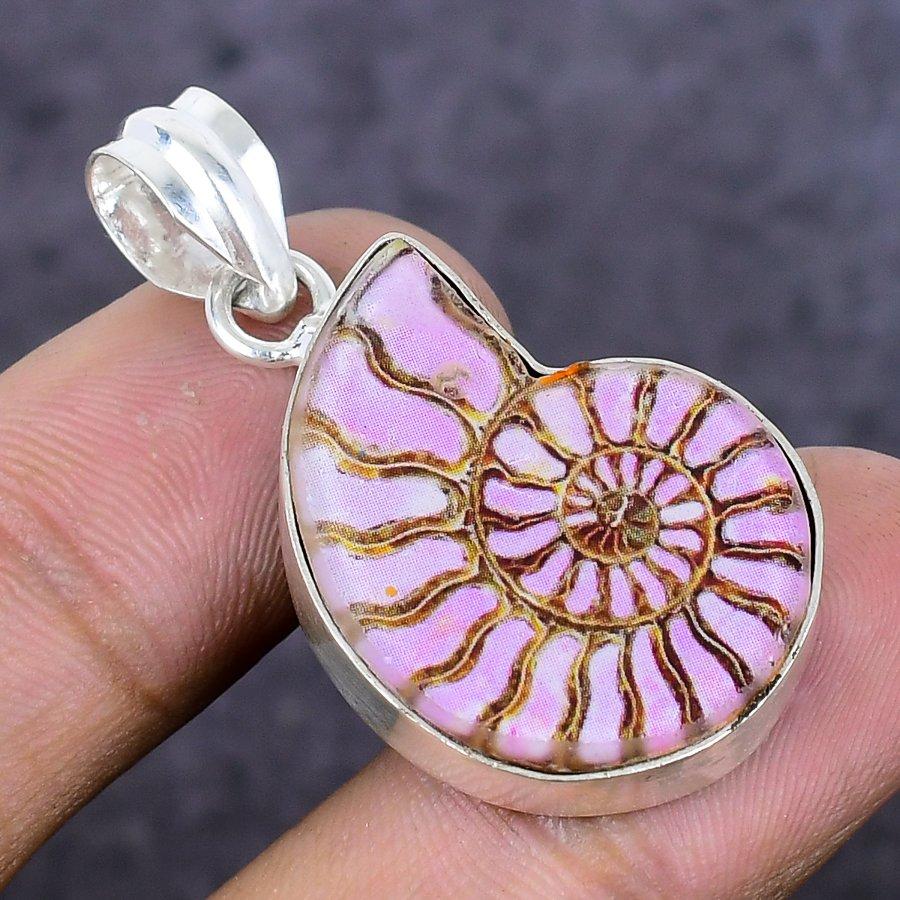 Natural Ammonite Fossil Gemstone 925 Sterling Silver Jewelry Pendant 1.54" u1Q63