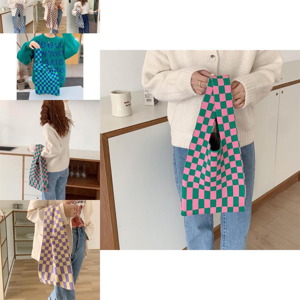 Stylish And Versatile Knitted Checkered Tote Bag With Large Capacity For Daily Use