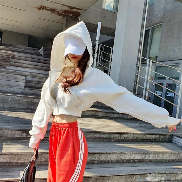 Korejská šik mikina s kapucí na zip Dámská móda Kpop Ležérní Jednobarevné Ustřižené Mikiny s kapucí Tenký top s dlouhým rukávem Y2k Streetwear