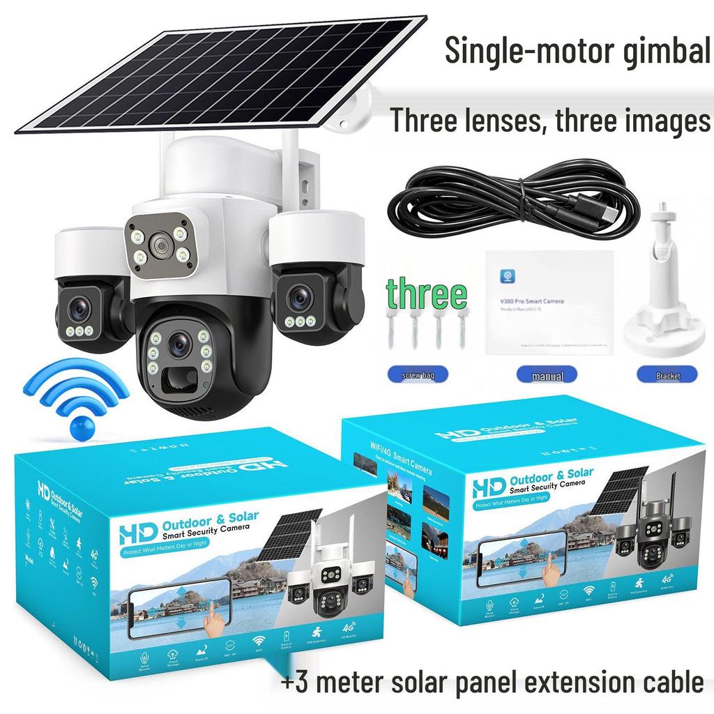 V380 4G Solar Camera with Three-Lens, Three-Axis Gimbal for Home Monitoring - Wireless, Low Power Battery.