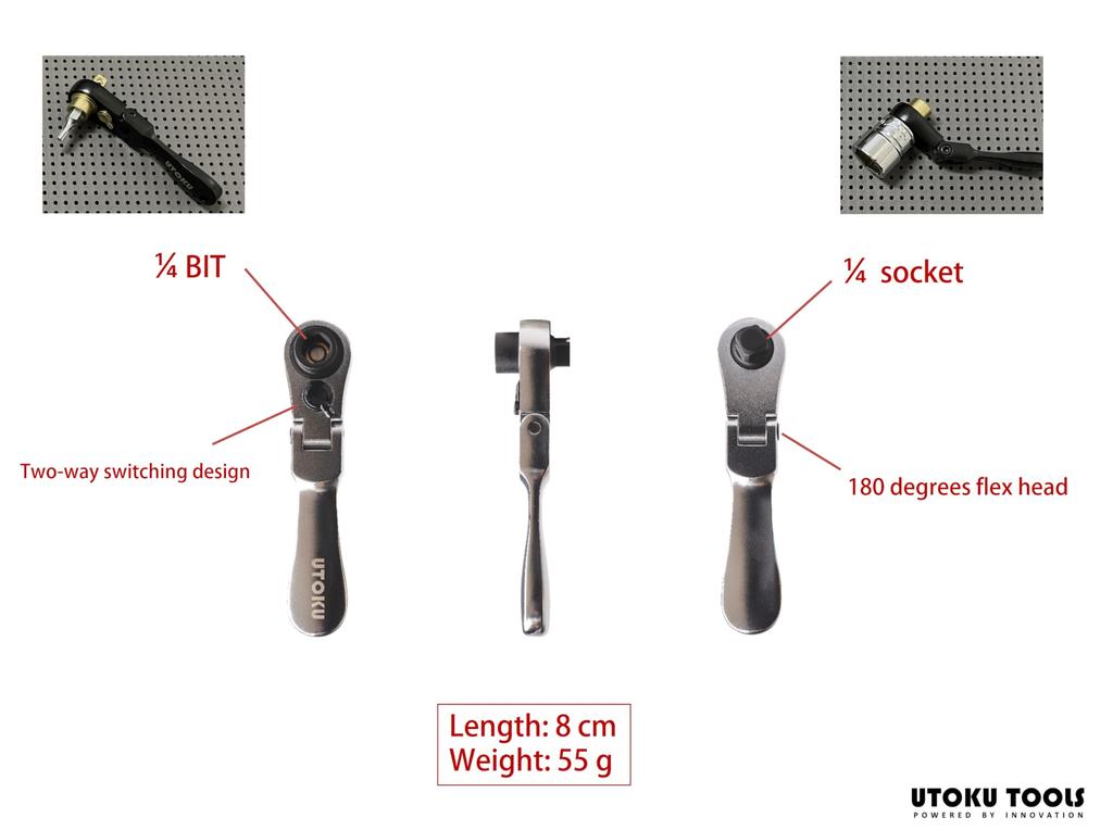 UTOKU Flexible Head Ratchet Drive Bit Steel Ratchet Titanium Plated Wrench; 1/4 & Driver, 72-Tooth Reversible; CR-V Quarter-Inch Wrench;