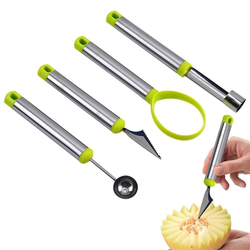 4Pcs Stainless Steel Fruit Ball Digging Carving Knife Set Fruit Platter Digging Spoon Practical Kitchen Carving Separator Tool