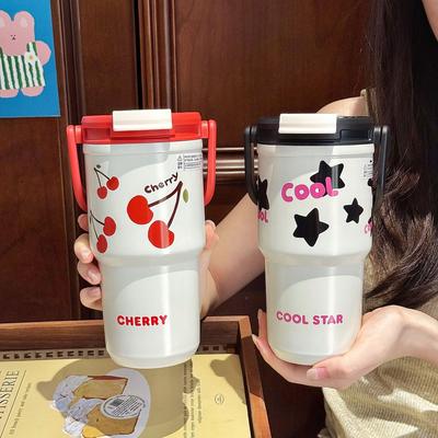New High-value Stainless Steel Straw Thermos Cup Large-capacity Car Coffee Cup Girls Handle Water Cup Gift