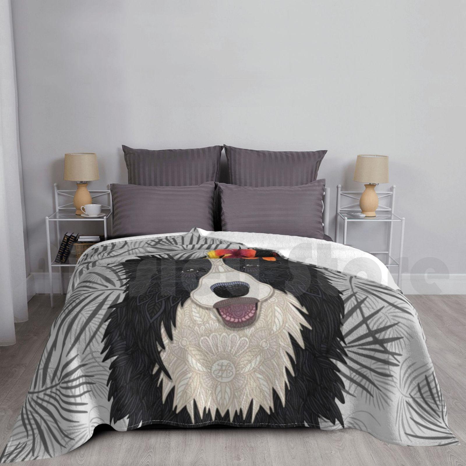 Happy Border Collie With Flowers Blanket For Sofa Bed Travel Border Collie Dog Flowers Floral Artlovepassion Size: 75*100cm, Weight: 230 GSM