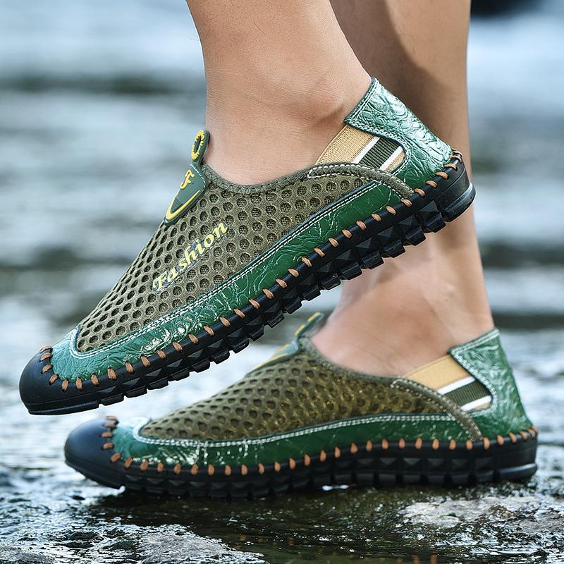 LETCOMFIT Men's Mesh Breath Light Rubber Sole Stitching Non Slip Sandals Hiking Shoes Outdoor Camping Slip On Walking Footwear