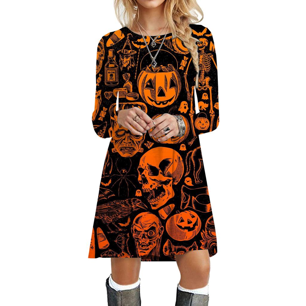 Halloween Party Dresses For Women Funny Cats 3D Pumpkin Print Dress Autumn Winter Fashion Long Sleeve Kawaii Dress Oversize
