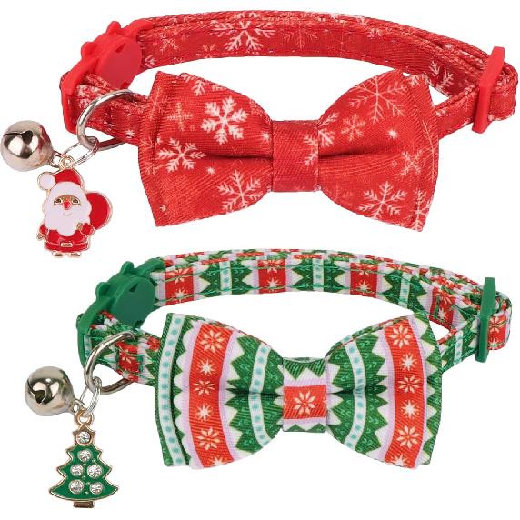 ADOGGYGO Christmas Cat Collar with Bowtie Bell - 2 Pack Red Green Cat Christmas Bowtie Collars