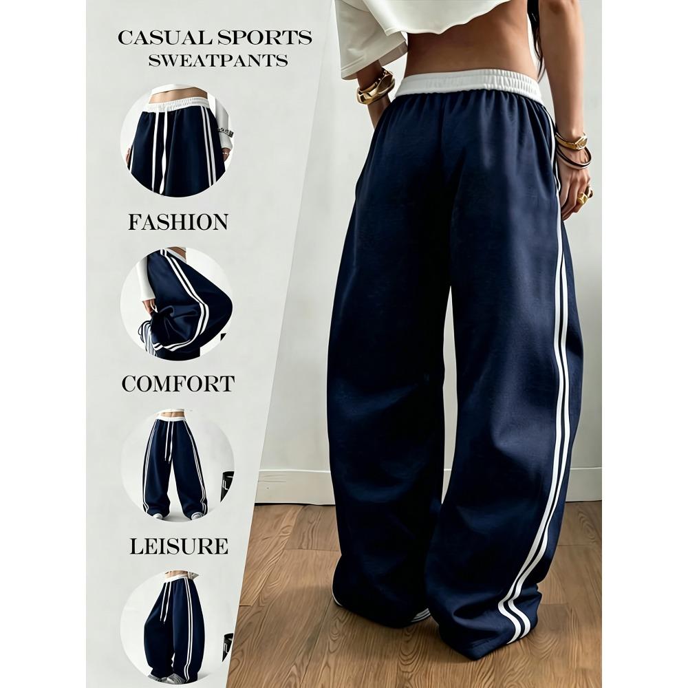 Dames Color Block Gestreepte Sneldrogende Gebogen Broek, Hoge Taille Losse Wijde Pijp Casual Sportbroek