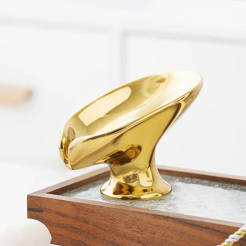 Soap Dish,Soap Holder Self Draining Leaf Shape,Ceramic Drain for Sink Bathroom Kitchen,Easy To Clean Keeps Dry,Gold and Silver