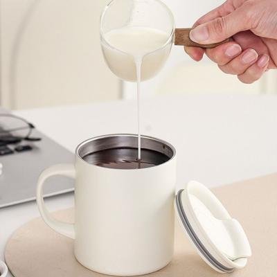 Double-Walled Insulated Coffee Mug Rotating Dust Cover 300 ML Thermos Cup with Scale Stainless Steel Drink Cup Living Room