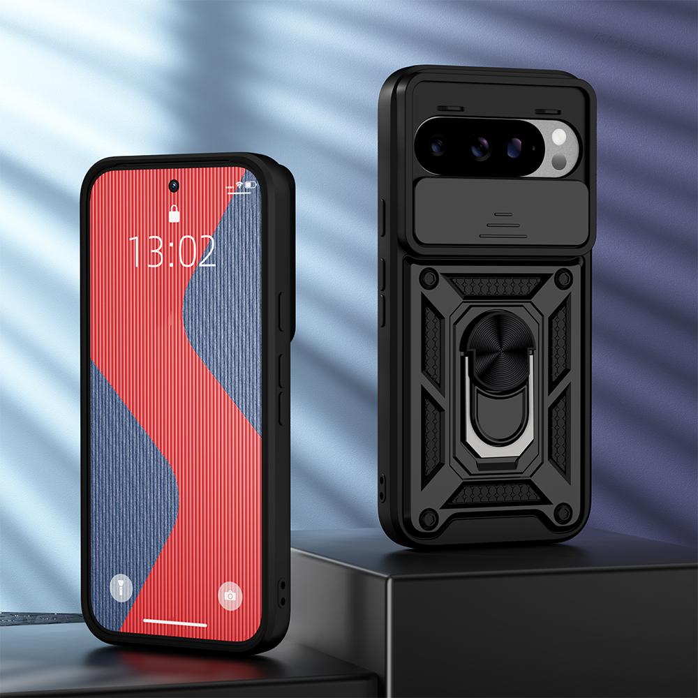 

KEYSION Противоударный защитный чехол для Google Pixel 9 Pro XL Slide, защитное кольцо для объектива камеры, подставка для телефона, чехол для Google Pixel 8A for Pixel 9 Pro XL чёрный