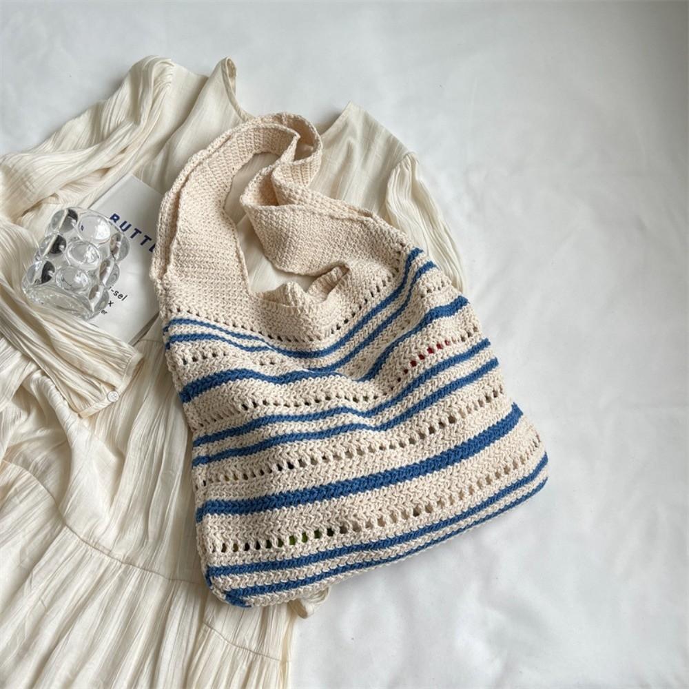 Large Capacity Knitted Tote Bag Striped Pattern Hollow Out Beach Bag Summer Season белый 1080₽