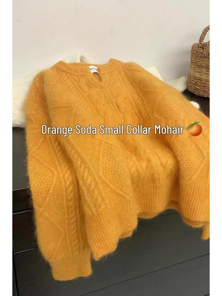 Women's Thickened Mohair Wool Cable Knit Pullover Sweater - Orange Collar, Soft & Cozy for Autumn/Winter