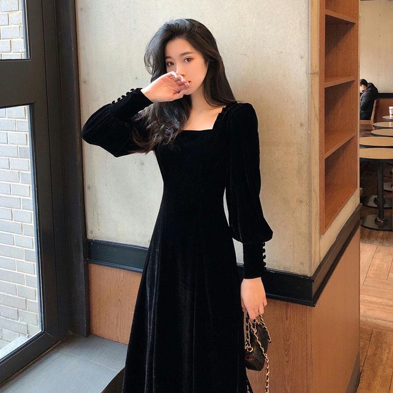 Velvet Square Neck Long-Sleeve Dress - 2022 Spring French Retro Slim Fit, Sexy Mid-Length Skirt
