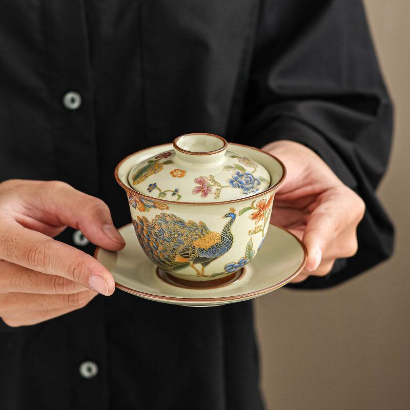 

110ml Hovering Ru Kiln Gaiwan Aesthetic Tea Tureen Tea Bowl With Lid Kit Tea Brewing Cover Bowl Tea Services Supplies Ornaments