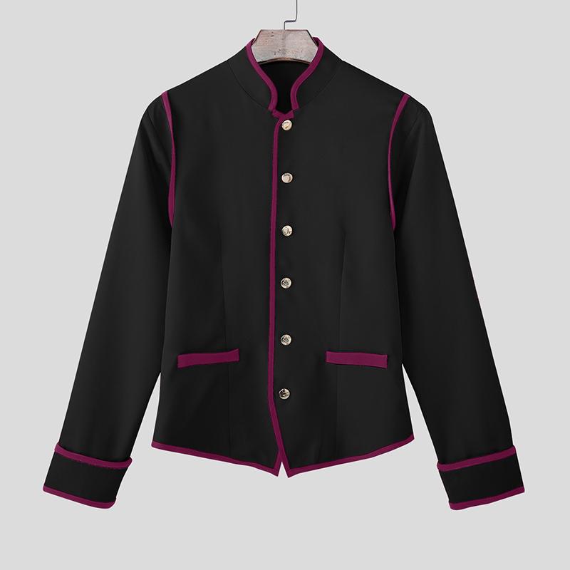 

INCERUN Men Stand Neck Long Sleeve Stitching Casual Slim Thin Blazer Suit Coats S чёрный