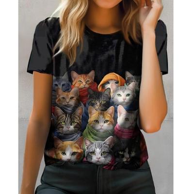 T-shirt Feminina Moda Gatinho Fofo Estampado Verão Novo Manga Curta Top Casual Pulôveres Roupas Femininas Streetwear Blusas