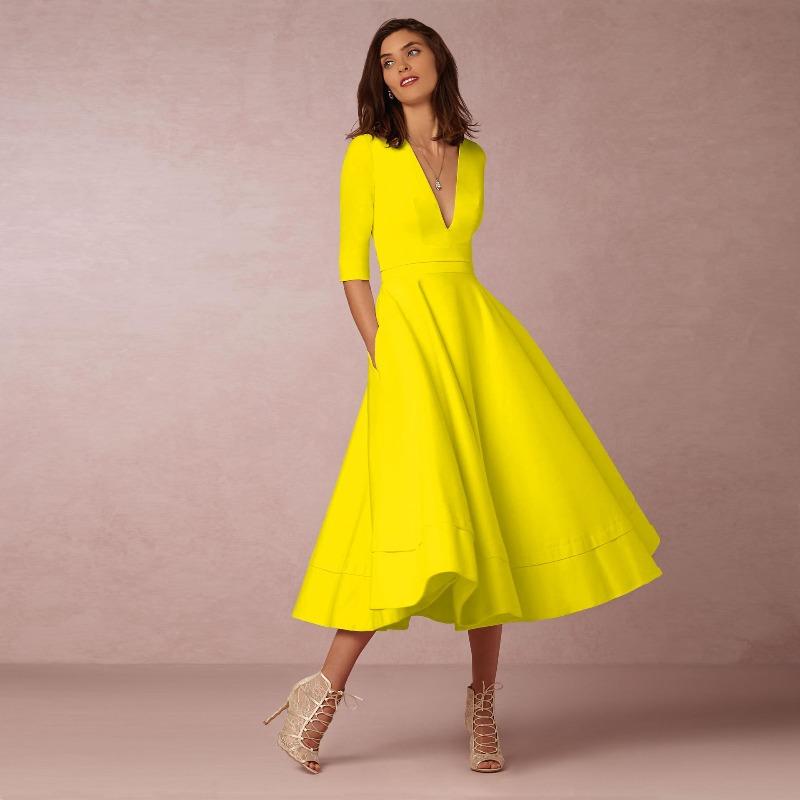 

New Women s Evening Dress Sexy Deep Medium Sleeve Big Swing Dress XXXL жовтий