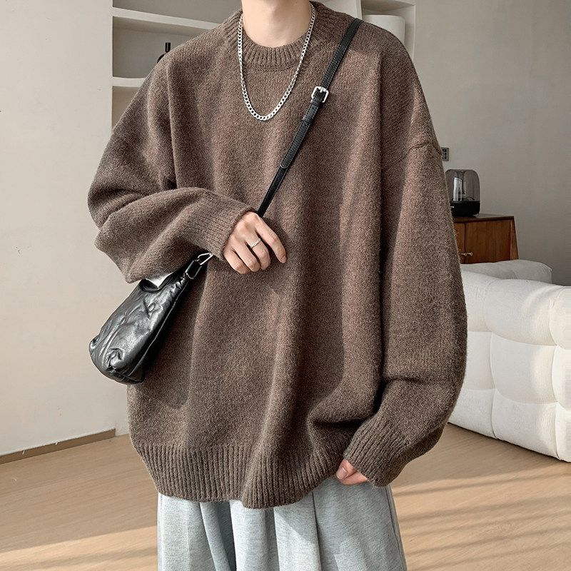 American-Style Lazy Round-Neck Sweater for Men, Winter Trendy Vintage Couple Knitwear, Retro Solid Color Pullover